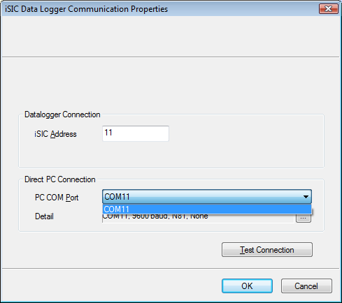 iSIC Data Logger Communication Properties Window