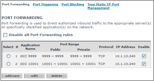 Example Comcast router port forwarding setup