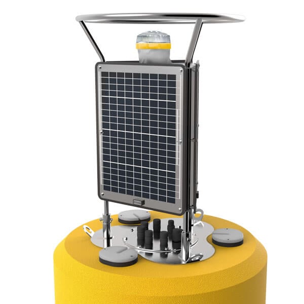 Close-up of the CB-650 data buoy solar tower with a solar beacon installed.