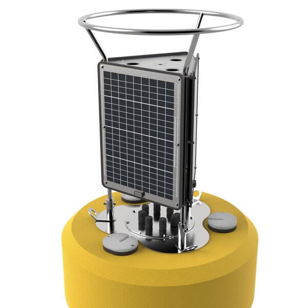 Close-up of the CB-650 data buoy hull and solar tower.