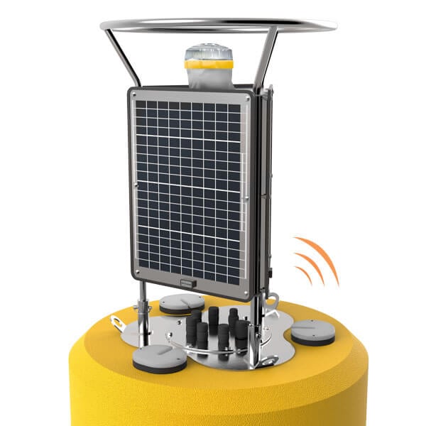 Close-up of the CB-650 data buoy with data waves.