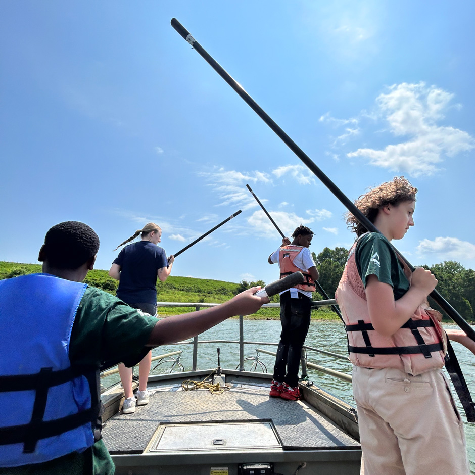 Biology Field Station field trip participants electrofish on the Ohio River. (Paola Canales / Universidad del Sagrado Corazón). Protecting the river form invasives is one of many was the source water resource is protected