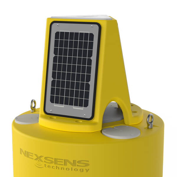 Close up of the XB-200 data buoy hull and solar tower.