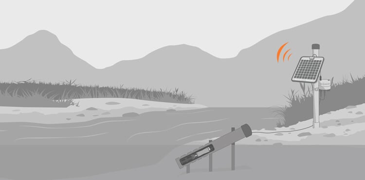Illustration of a pH monitoring system in a river at the base of a mountain.