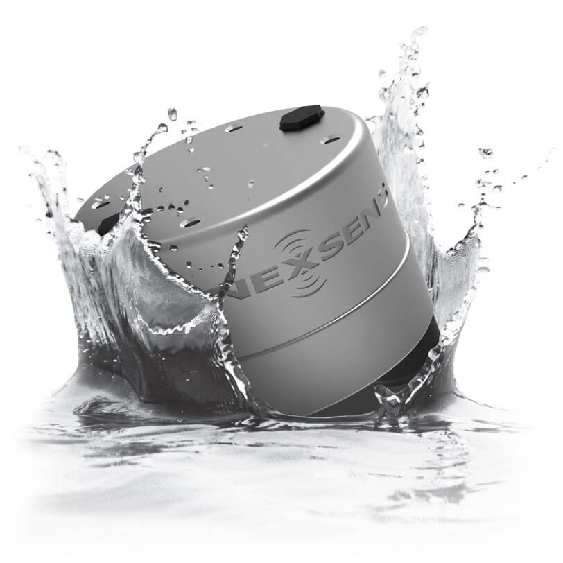 A NexSens X3 real-time data logger splashing into water.