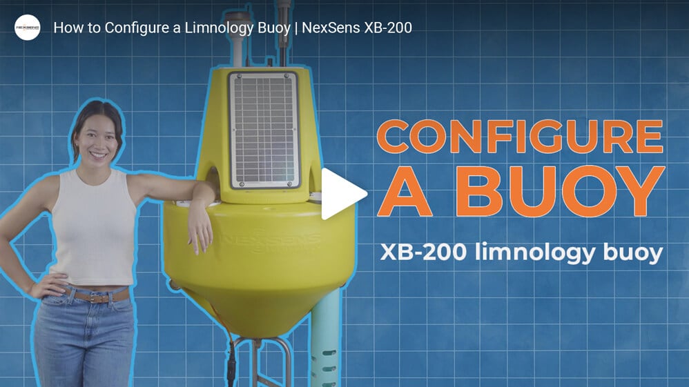 Thumbnail from the NexSens YouTube channel. Stephanie Andrews stands next to an XB-200 buoy configured for limnological studies. The text reads: "Configure a Buoy: XB-200 limnology buoy"