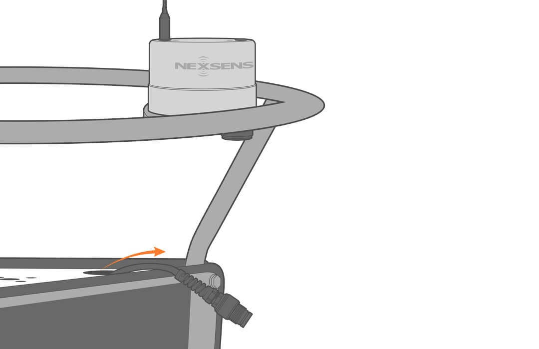 The NexSens X3 data logger attached to a large buoy solar tower ring. The power cable is coming up and out of the solar tower and hanging over the edge.
