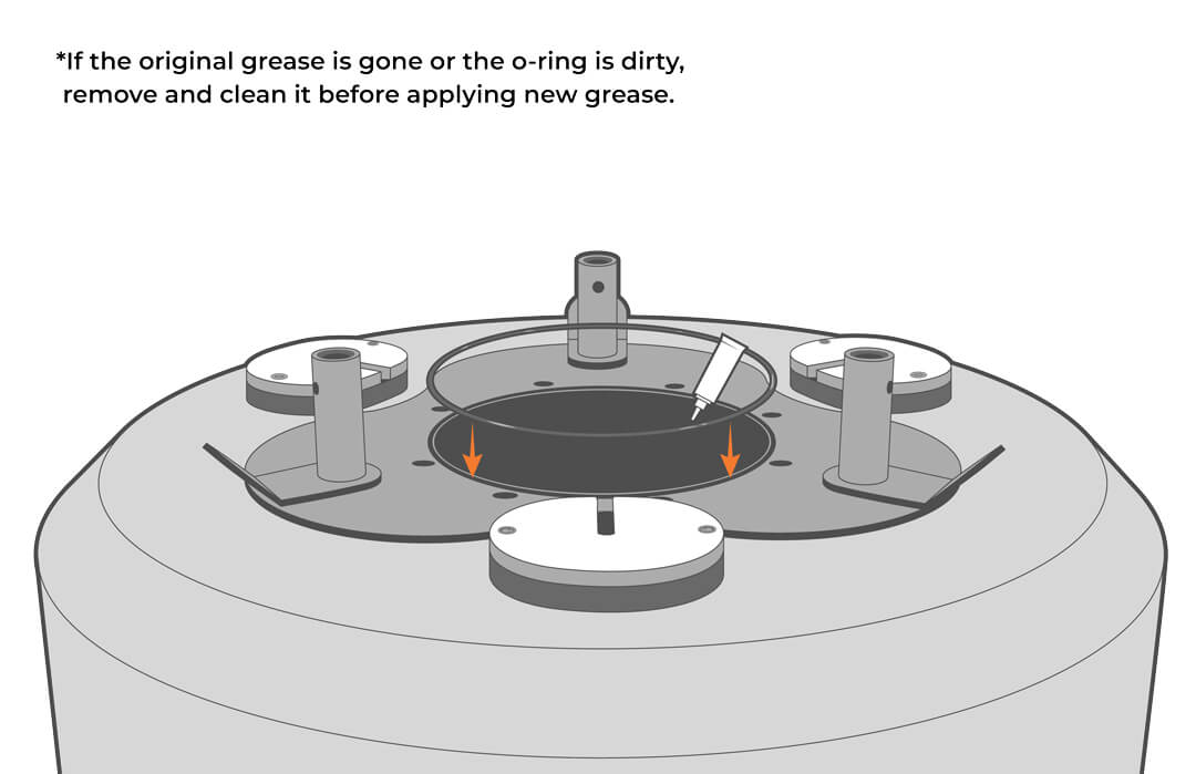 A NexSens large platform battery well o-ring with new grease being applied. The text on the photo reads: "If the original grease is gone or the o-ring is dirty, remove and clean it before applying new grease."