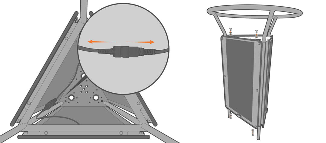 (Left) the unsecured cable will be disconnected before removing the solar panel. (right) Four bolts, lock washers and flat washers are being removed--two on the top and two on the bottom.