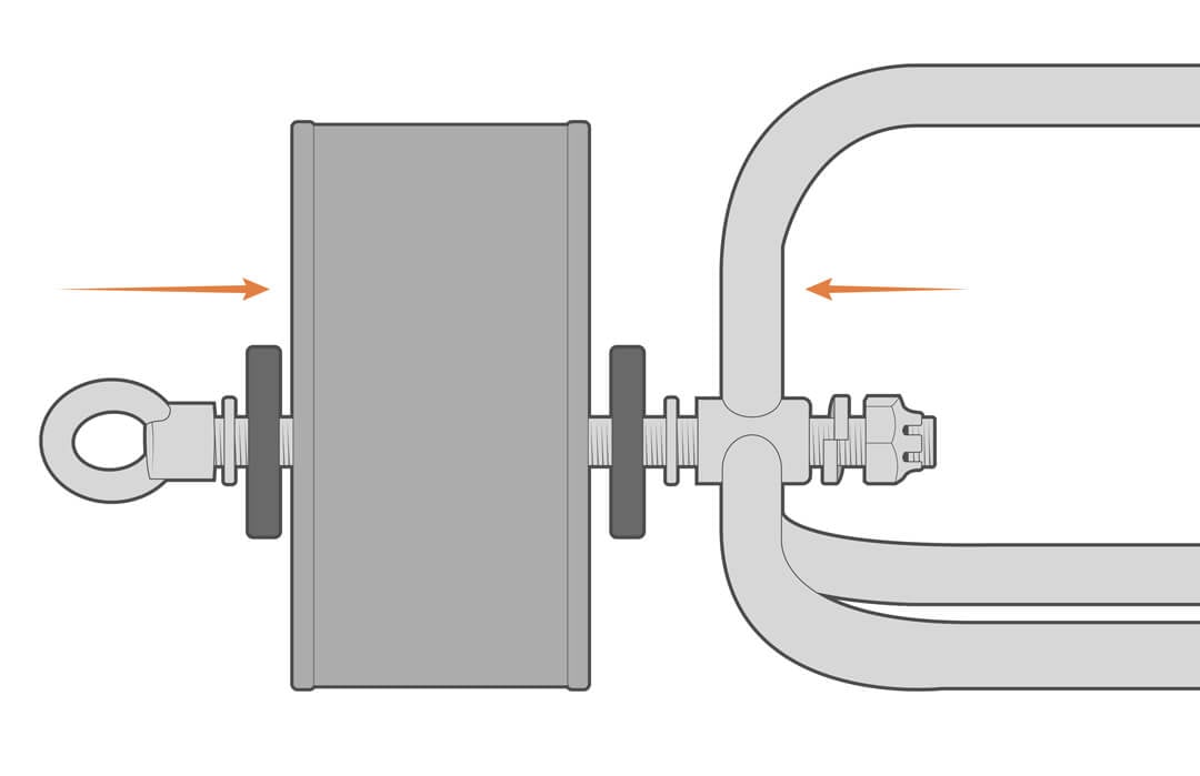 A ballast weight being secured on the bottom of a NexSens instrument cage.