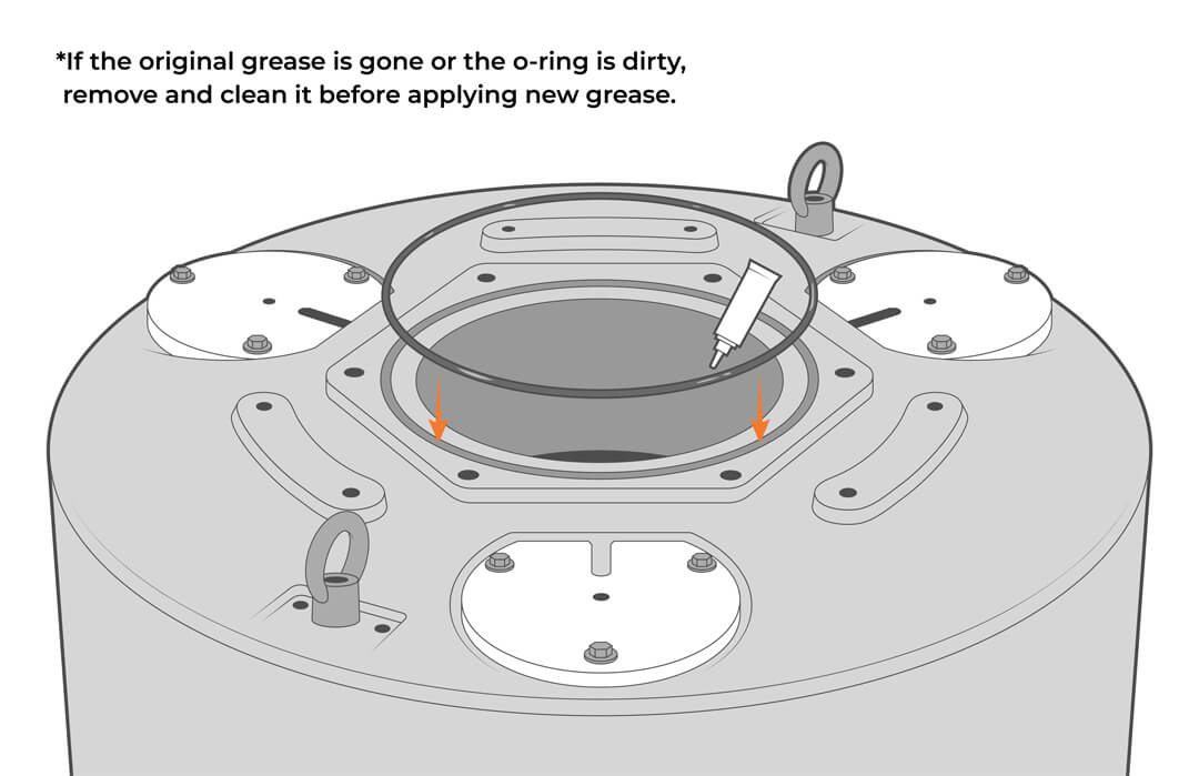 Reapplying silicone-based grease to the O-ring seal of the battery well. The text reads: If the original grease is gone or the O-ring is dirty, remove and clean it before applying new grease.