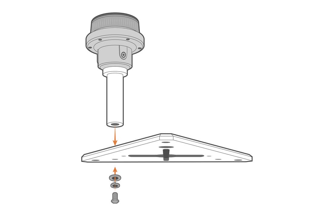 Install the solar marine light through the solar tower top plate and secure with a screw, lock washer, and flat washer.