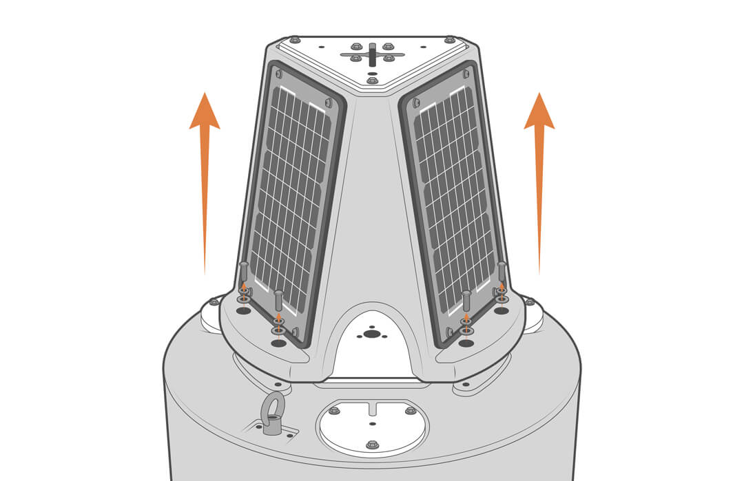 Remove the solar tower by unscrewing the six screws, flat washers, and lock washers securing the tower to the buoy.