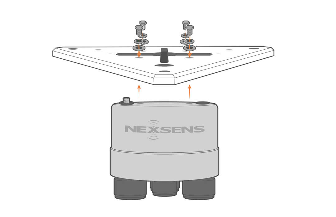 Connecting the NexSens data logger to the XB-200 solar tower lid using a screw, lock washer, and flat washer.