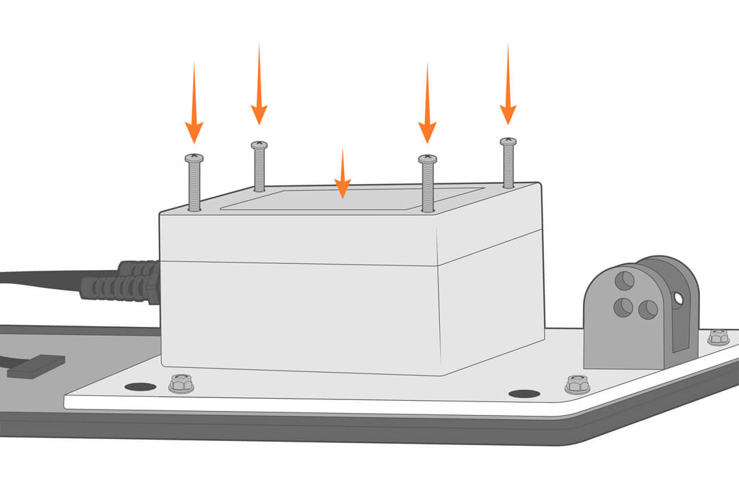 Realign the battery enclosure with the solar panel mount and tighten down the four screws evenly.