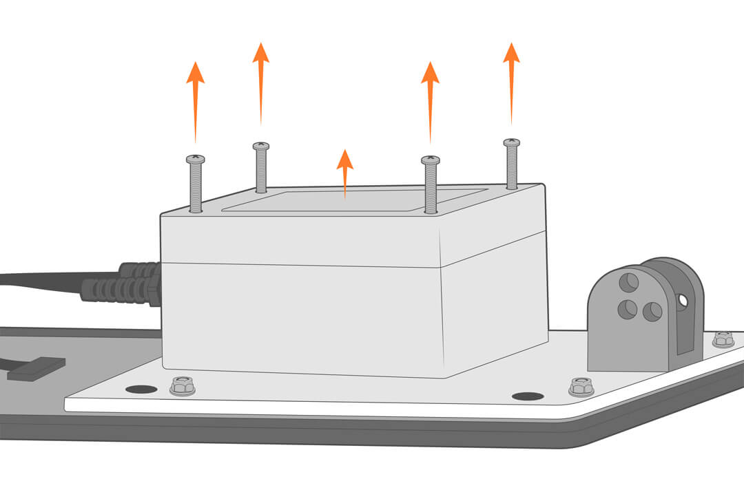Loosen the four screws securing the battery housing to the panel mount.