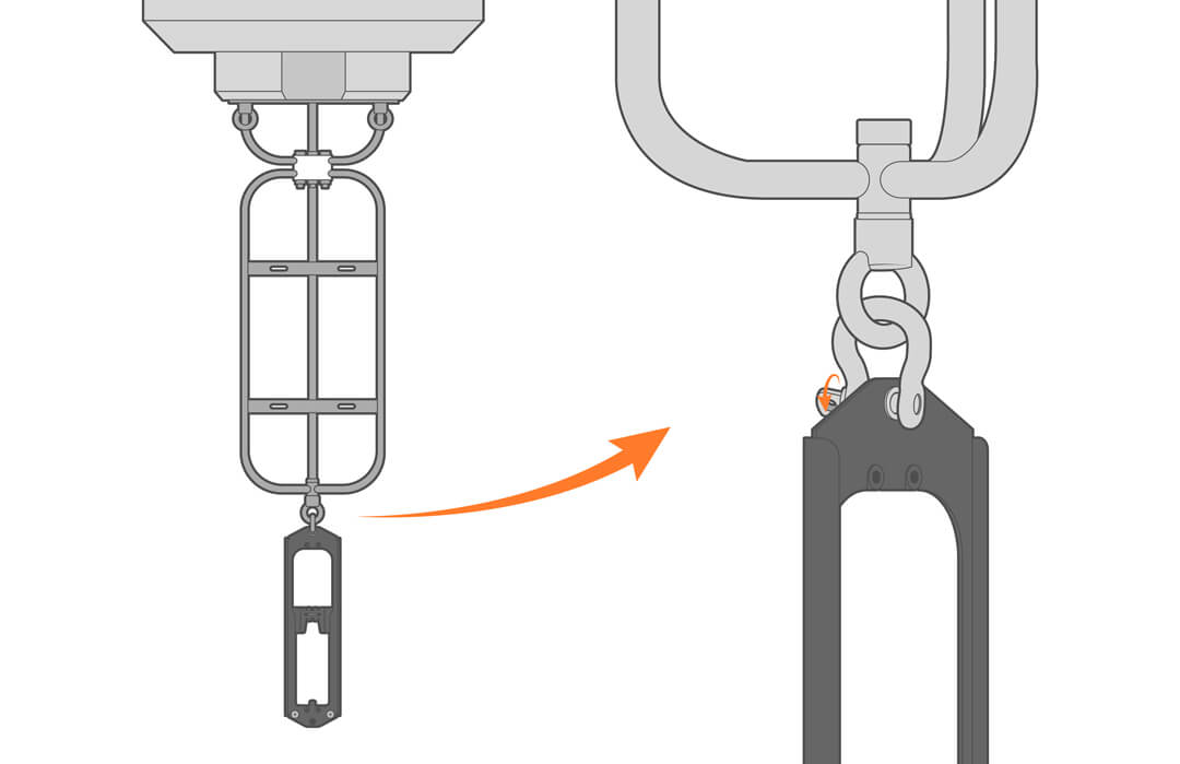 Attaching the Aandera mount to the bottom of a NexSens instrument cage using a shackle.