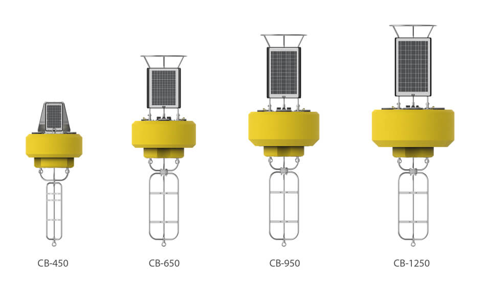 Lineup of the NexSens CB-series data buoys (Cb-450, CB-650, CB-950, and CB-1250).