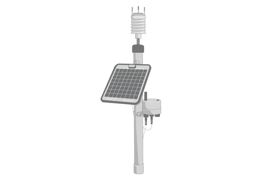 Illustration of a pole mount system equipped with a NexSens X3 data logger, solar panel, and multiparameter weather station that includes a sensor for barometric pressure.