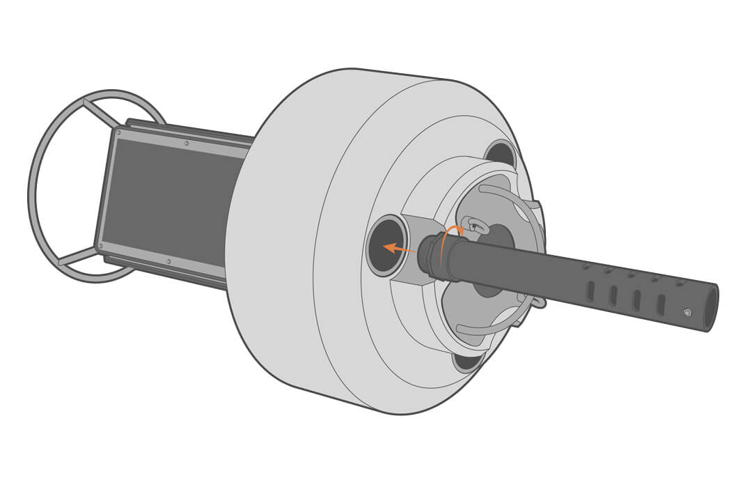 Screw the threaded end of the deployment pipe into the bottom of the desired pass-through port.