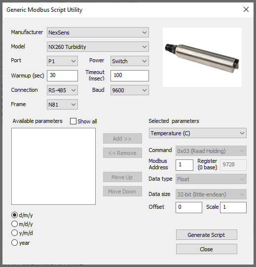NX260 Turbidity sensor profile in NexSens CONNECT Software.