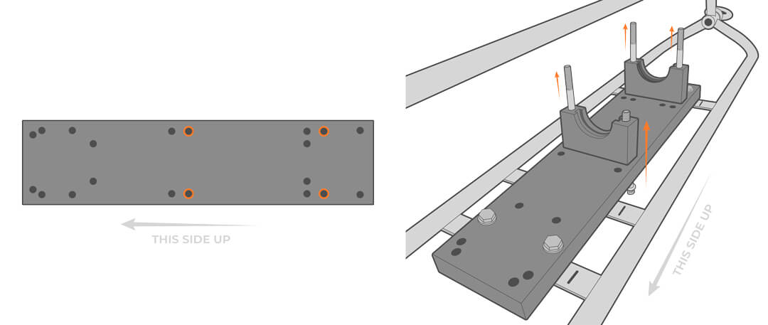 Secure the included clamps at the desired points on the inside of the cage. If needed, new holes can be drilled in the mount to accommodate different models. Ideal placement for the clamps is just above the metal guard and above the cable.