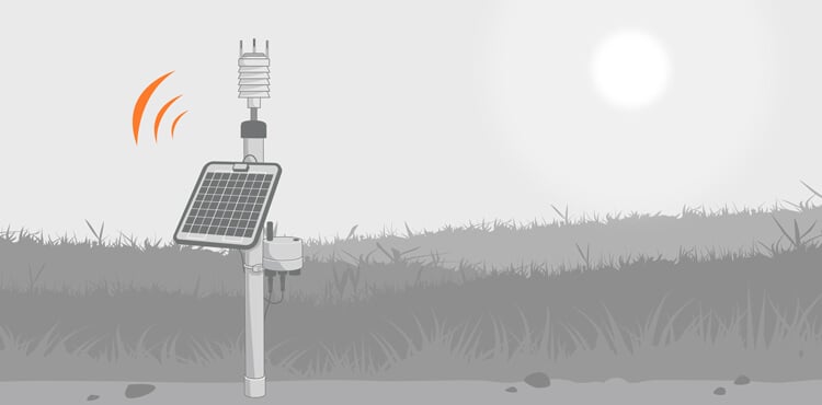 Illustration of a pole-mount station in a field measuring air temperature. Mounted on the pole is a NexSens X3 data logger, solar panel, and weather station.