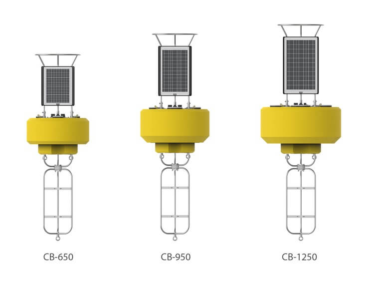Lineup of the NexSens large platform data buoys (CB-650, CB-950, and CB-1250).