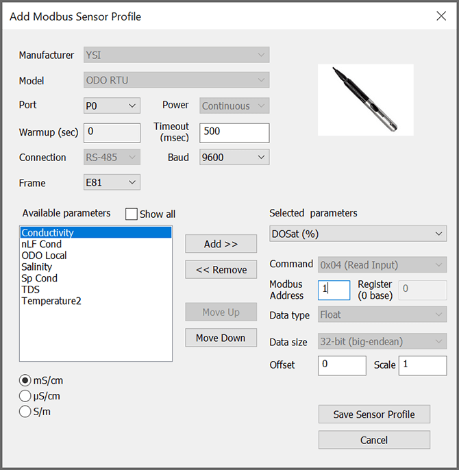 YSI ODO RTU sensor profile in NexSens CONNECT Software.
