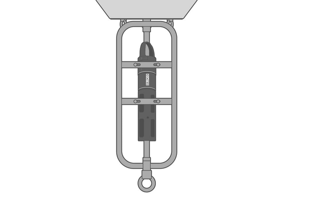Subsurface water quality sonde mounted to the CB-75 data buoy instrument cage.