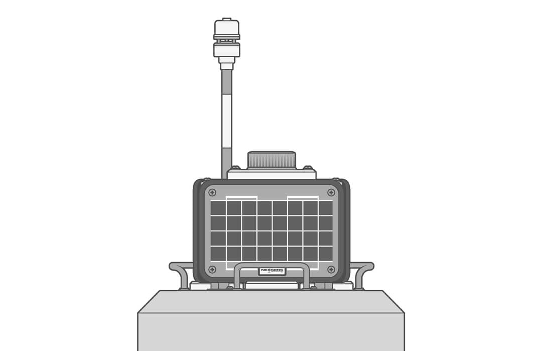 Top-side weather sensor and solar marine light mounted on a CB-75 data buoy.