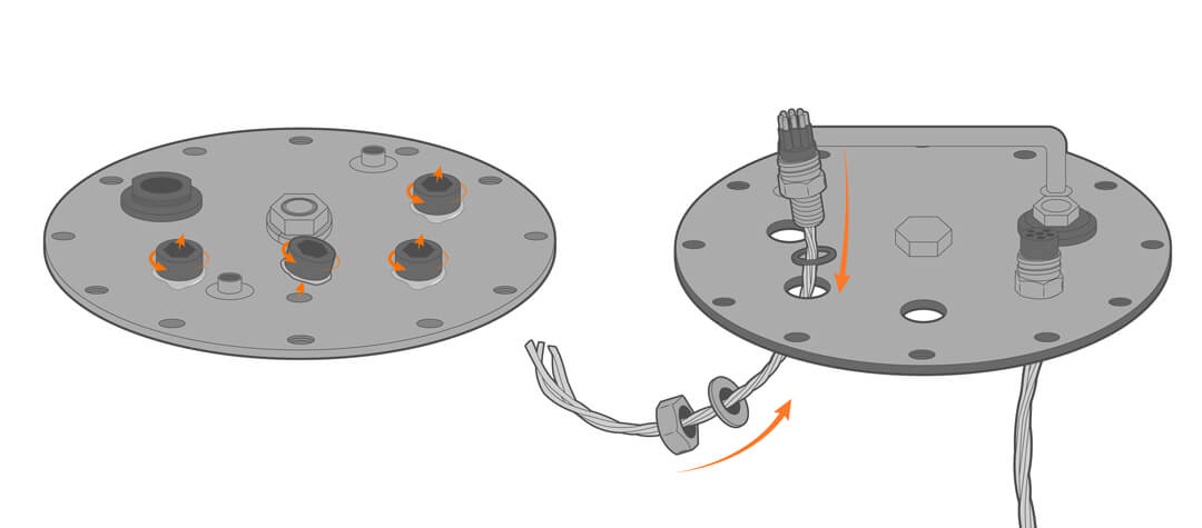 The port plugs can be removed for user-supplied electronics.