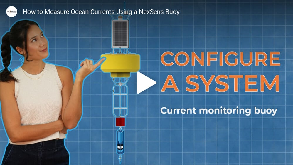 Thumbnail from the NexSens YouTube channel. Stephanie Andrews stands next to a Current Monitoring System--a NexSens large platform buoy equipped with a solar marine light and depth sensor. The text reads: "CONFIGURE A SYSTEM: Current monitoring buoy".