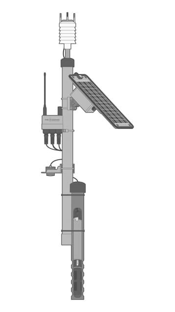 Dissolved Oxygen monitoring system, including a NexSens X3 data logger, solar power pack, weather station, tide gage sensor, and a multiparameter water quality sonde.