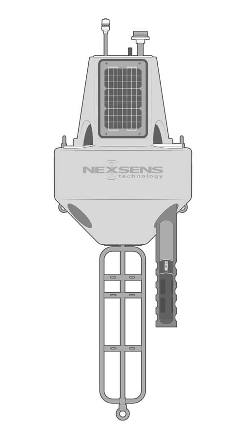 Dissolved Oxygen buoy-based monitoring system, including a NexSens X3 data logger, weather station, and a multiparameter water quality sonde.