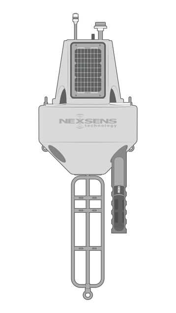 Dissolved Oxygen buoy-based monitoring system, including a NexSens X3 data logger, weather station, and a multiparameter water quality sonde.