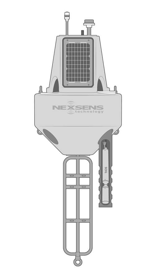 A NexSens XB-200 data buoy equipped with a NexSens X3 data logger, weather station, solar marine light, and a TriOS nutrient sensor.