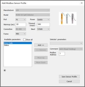 LDI ROW Non-Contact Oil Detector profile in NexSens CONNECT Software.