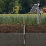 A real-time NexSens groundwater monitoring systems. The station is equipped with a solar panel, X3 data logger, and a Solinst WLTS deployed in a groundwater well.