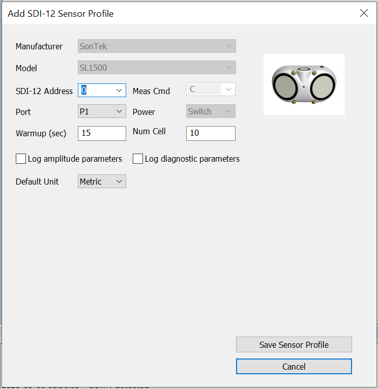SonTek SL-1500 Side-Looking Doppler Current Meter sensor profile in NexSens CONNECT Software.