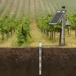 A pole-mounted real-time soil moisture profiling system deployed in an agricultural field. The system is equipped with a NexSens X3 data logger, solar panels and battery pack, and a series of soil moisture sensors.