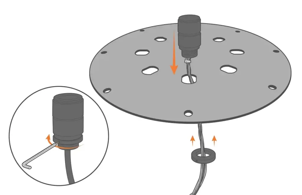 Remove the desired port plug from the lid and install the UW-BULK with the nut on the bottom side.