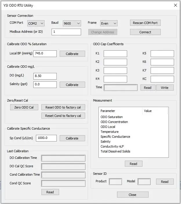 YSI ODO RTU Calibration interface.