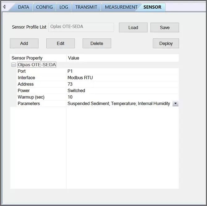 Olpas OTE-SEDA sensor deployed in NexSens CONNECT Software.