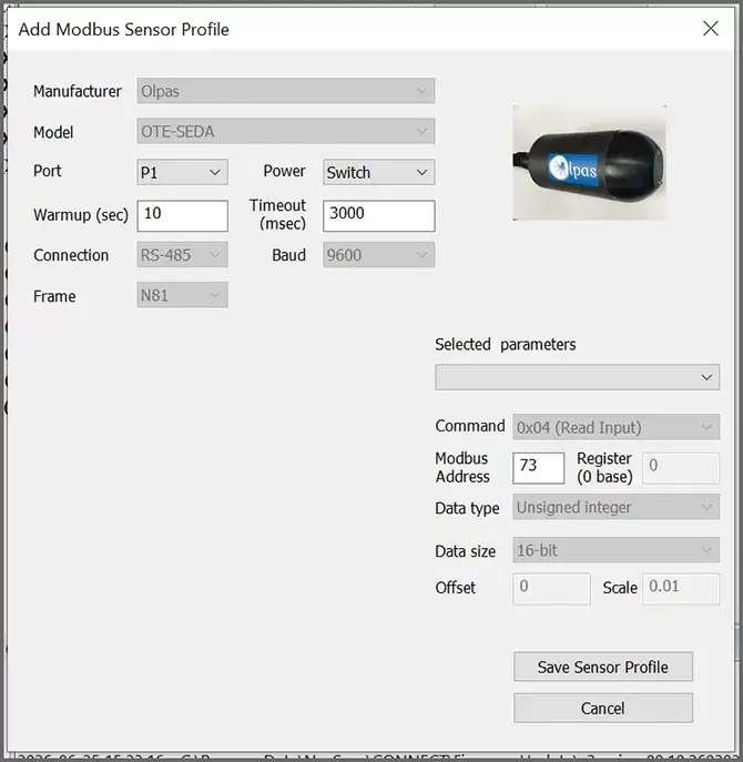 A Olpas OTE-SEDA sensor profile in NexSens CONNECT Software.
