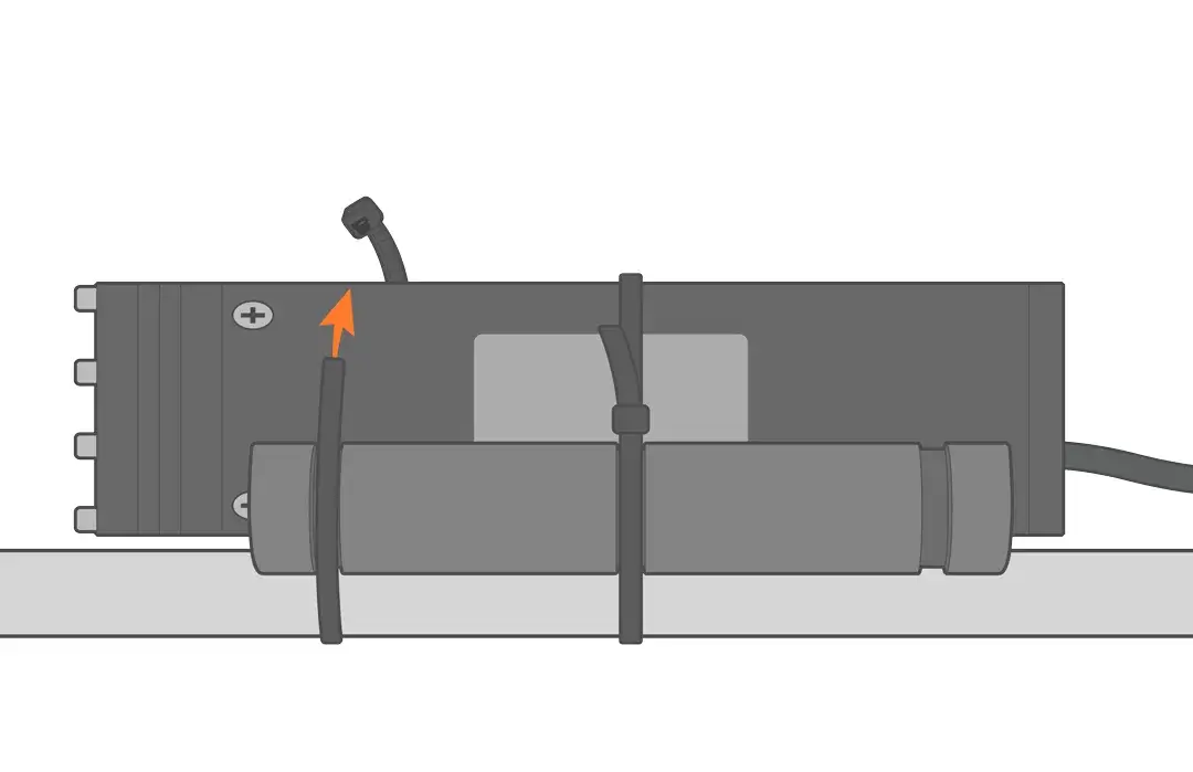 Strap the sensor to the cage leg with the mount and cable ties (as shown). The mount is supplied with a rubber adhesive liner to prevent the sensor from sliding.