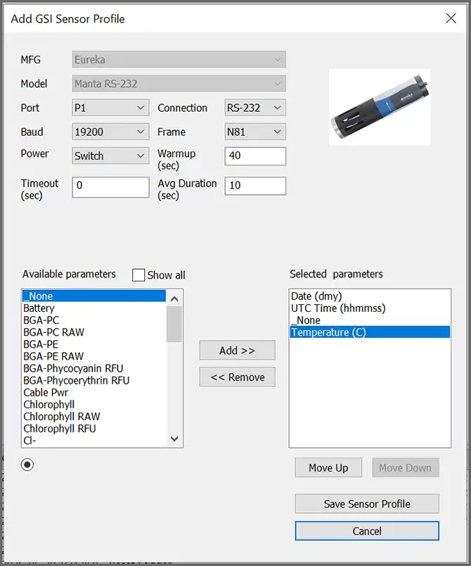A Pro-Oceanus Mini CO2 sensor profile in NexSens CONNECT Software.