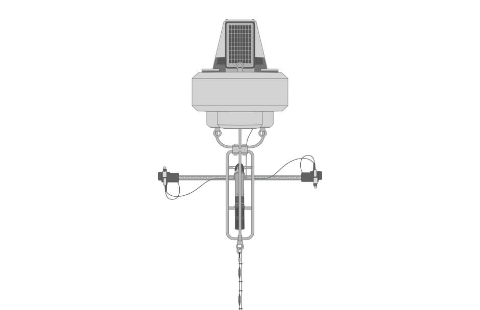 Illustration of a buoy-based solar radiation monitoring system. Metal arms extend to the left and right of the buoy cage below the hull and are equipped with a top and bottom facing solar radiation sensor.