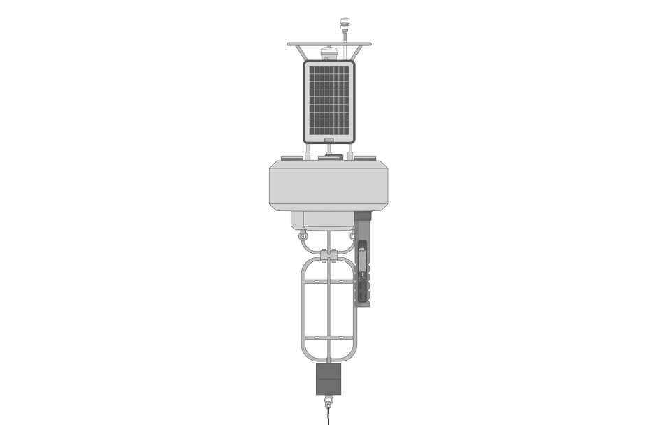 Illustration of a real-time data buoy equipped with a water quality sonde and weather station.